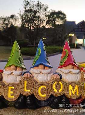树脂欢迎牌小矮人花园侏儒太阳能LED户外装饰花园灯摆件雕像
