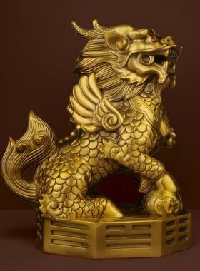 全铜麒麟一对纯黄铜大中号公母踩八卦元宝铜器招财镇宅办公室摆件