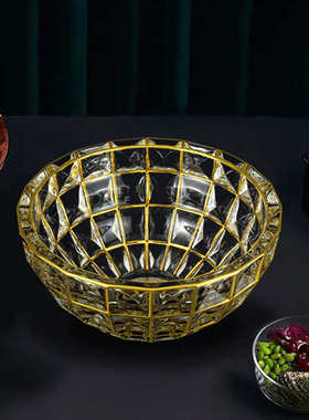果盘家用水晶玻璃创意客厅描金果 斗摆件轻批发北欧奢xxsp家居