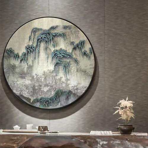 新中式书房茶室圆形山水禅意挂画中国风客厅墙面装饰画实物画 - 图1