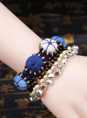 云南族蓝染扎染卖布民艺手链大理丽江热风布艺手链手工缝制花朵多