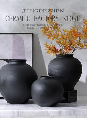 新中式覆古土陶黑色粗陶陶罐客厅瓷花瓶摆件酒样板店间陶软装9040