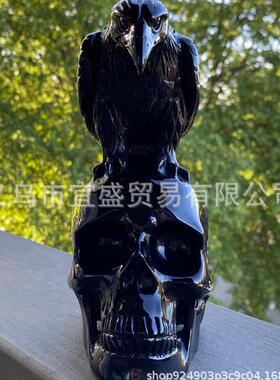 跨境骷髅与乌鸦装饰品摆件家居庭院设计黑色乌鸦骷髅户外装修摆件