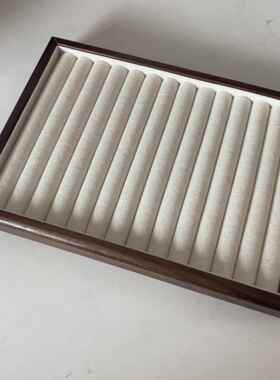 新品覆托古实木首饰桃木收纳盒麻布胡内衬戒指托 盘陈列展示盒道