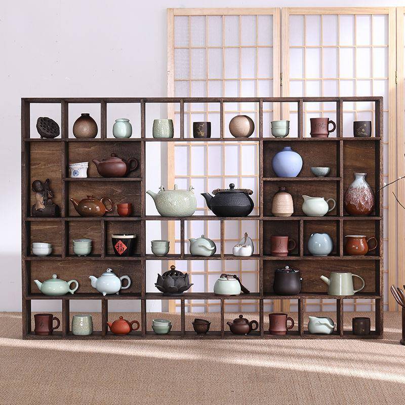 Solid wood wall-mounted ancient rack tea cup rack tea set rack purple sand pot storage rack ornament display rack Duobao Pavilion tea rack