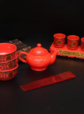 新款直销供杯红色塑加厚莲花酒壶茶壶供杯供盘供碗筷子拜神品套装