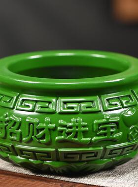 绿色聚宝盆摆件木雕工艺品实木质香炉木制家用店铺装饰开业送礼同