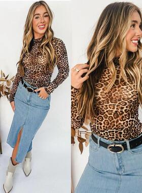 2025 base coat leopard print mesh long sleeved top for women