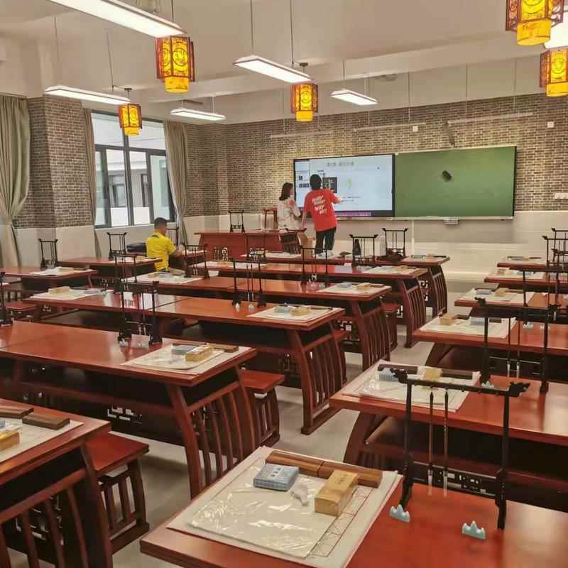 培训学校实木国学书桌中国风复古书法临摹榆木课桌椅画案古琴桌椅 - 图1