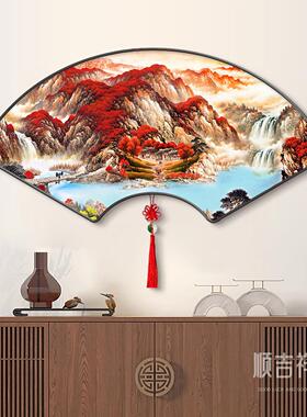 鸿运当头玄关装饰画入户正对门新中式客厅沙发背景墙挂画扇形壁画