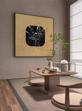 新中式黄色复古禅意黑白花鸟玄关客厅装饰画样板房壁画方形挂画