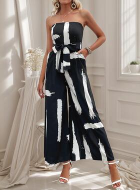 Wide leg pants women's printed strapless jumpsuit