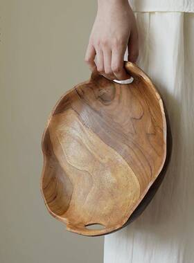 栗石【印尼进口】侘寂风柚木不规则创意水果盘高级感餐桌实木托盘