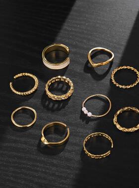 Retro inlaid Pearl White edge ring 10 Piece Set rings women