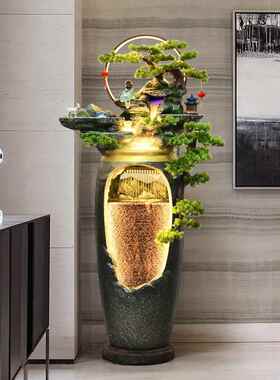 新中式流水喷电视旁边轻家居花瓶泉玄柜关客1368厅装奢饰落地假山