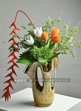 现代极简风镂空花瓣石纹玻璃花器手工彩色鲜花插花器家居花瓶摆件