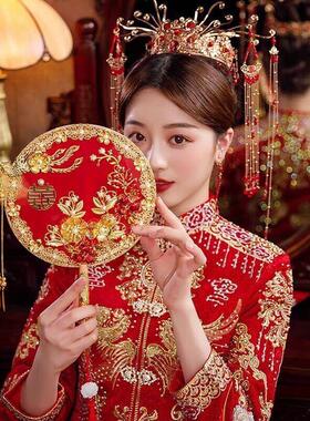 团扇结婚新娘蒲扇秀禾服中式扇子古风手工双面刺绣红色喜扇成品扇