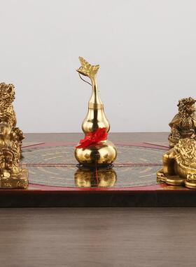 黄铜五行八卦聚财阵五宝阵铜金蟾貔貅麒麟龙龟葫芦木质方罗盘摆件