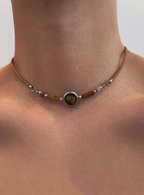 复古虎眼石串珠项链女小众设计感朋克风锁骨链个性百搭轻奢颈饰品