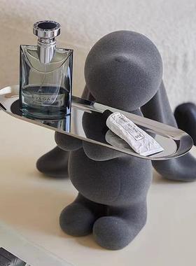 小号植绒长耳兔托盘收纳盘玄关钥匙盘卡通动物植绒工艺品摆件公仔