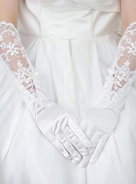 高级感婚纱手套新娘结婚礼服缎面蕾丝长款白色韩版全指春秋冬季简
