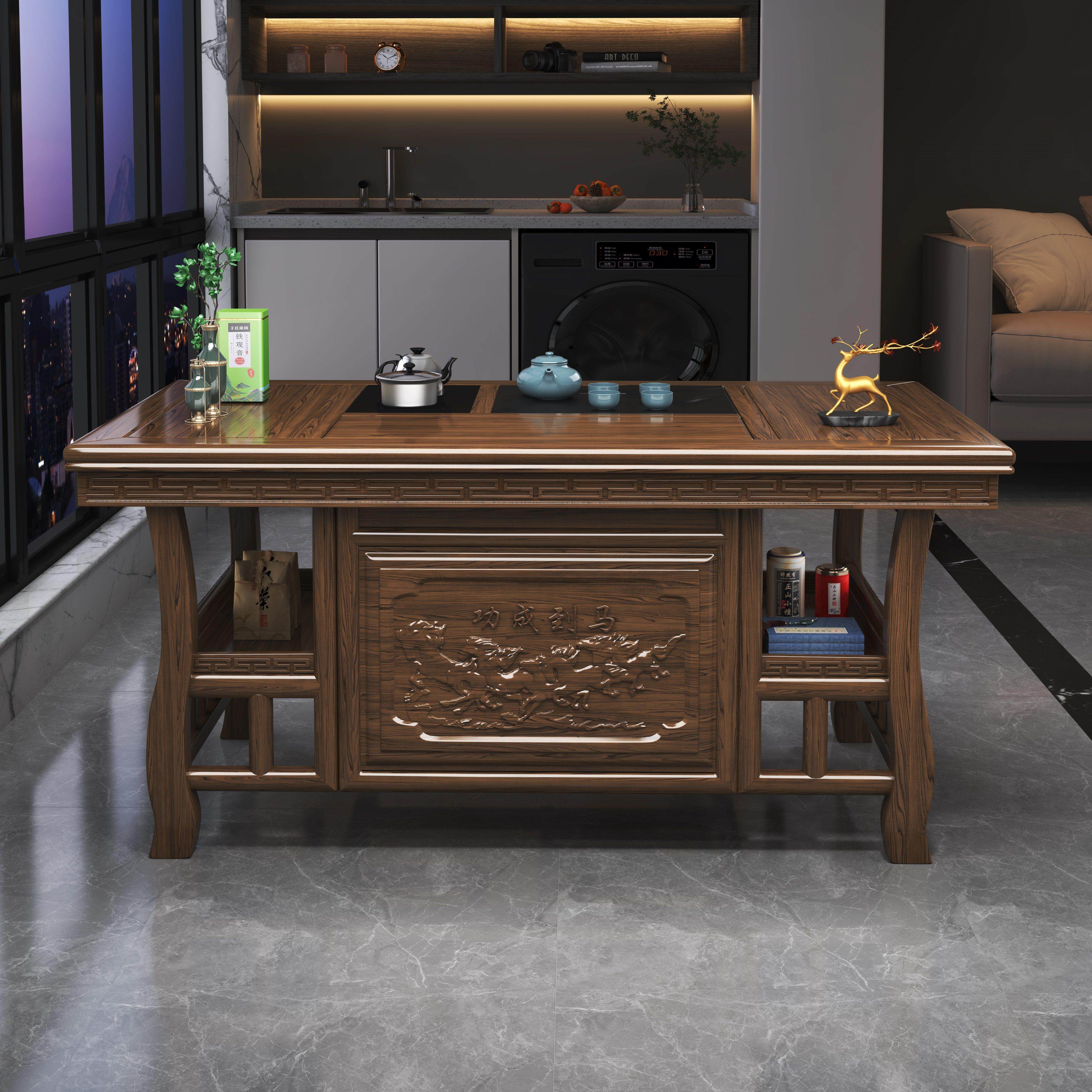 New Chinese-style solid wood tea table and chair combination small apartment tea brewing tea table and water boiling tea table tea set set
