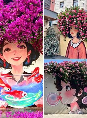 网红花墙女孩花间少女仿真花玫瑰瀑布花墙文旅拍照打卡背景墙定制