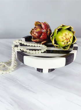 现代简约黑白条纹大理石果盘托盘果盘装饰摆件软装样板间花器