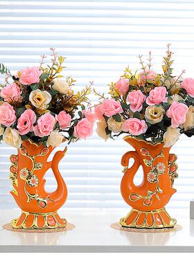欧式电镀台面花瓶客厅插花摆件假花仿真花束餐桌茶几高挡室内装饰