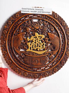 东阳木雕樟木挂件圆形中式客厅装饰壁画背景墙实木镂刻吸引财富和