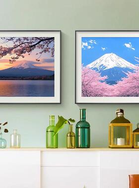 富士山下客厅日式风景正方形装饰画餐厅卧室床头樱花雪山唯美挂画