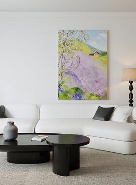 油画感别墅客厅壁画卧室紫色的花阳光树林小屋风景装饰画艺术挂画