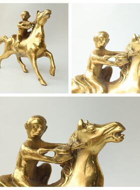 纯黄铜收藏古玩杂项复古马上封侯摆件马上猴中式家居装饰品摆饰