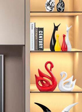 客厅摆件创意红色轻奢家居天鹅装饰品电视柜酒柜陶瓷小摆设工艺礼