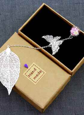 金属羽毛书签中国风古典创意干花永生花钻花学生礼品工艺品