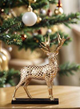 轻奢客金厅玄关家居诞圣装场饰品色几何站鹿树脂摆件咖啡厅景9823