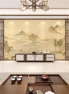 复古中国风山水画电视背景墙纸新中式沙发远山壁画3d墙贴茶室壁布