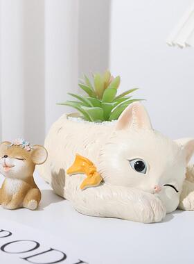 创意树脂趣味卡通猫咪老鼠组合微景观花盆桌面园艺多肉盆栽花器