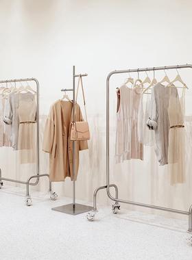 服装店展示架落地不锈钢中岛架男女装店货架直播间带轮子挂衣架子