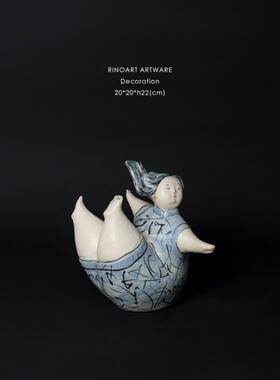 若奈之家景德镇客厅卧室蓝裙胖女孩覆古艺术装饰桌面装饰