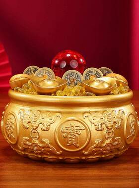 实心铜聚盆摆件式家用中客宝厅玄铜关黄铜圆口装饰礼品黄米缸存钱