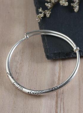-网红 990足银复古哑手光银泰镯子 女款蝴蝶花纹推拉口银镯