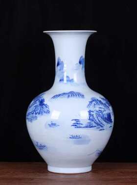 景德镇陶瓷花瓶手工青花山水画落地大花瓶家居装饰陶瓷工艺品摆件