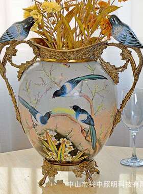 欧美式现代简约田园孔雀花鸟白色冰裂纹陶瓷全铜花插花瓶装饰摆件