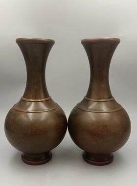 韵光斋仿古花瓶摆件居面铜花瓶一对家装饰工艺品古古玩光面铜花收