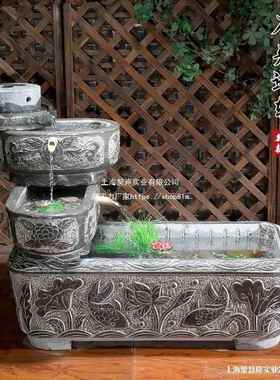 石槽鱼缸石雕养鱼th%loj#y池石头水内青石造景装室户庭院槽流外水