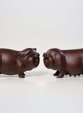 黑檀实木雕刻猪摆件吉祥物一对可爱生肖动物办公室桌面酒柜装饰品