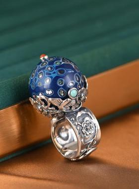 网红- S925银戒指 优雅气质民族风蝙蝠大漆圆珠女款食指指环礼物