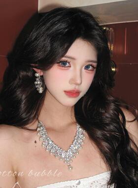 法式镶钻珍珠项链晚礼服夸张配饰耳环套装女高级感生日新娘锁骨链