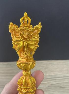 古玩鎏金金刚橛普巴杵马头三面金刚杵摆件